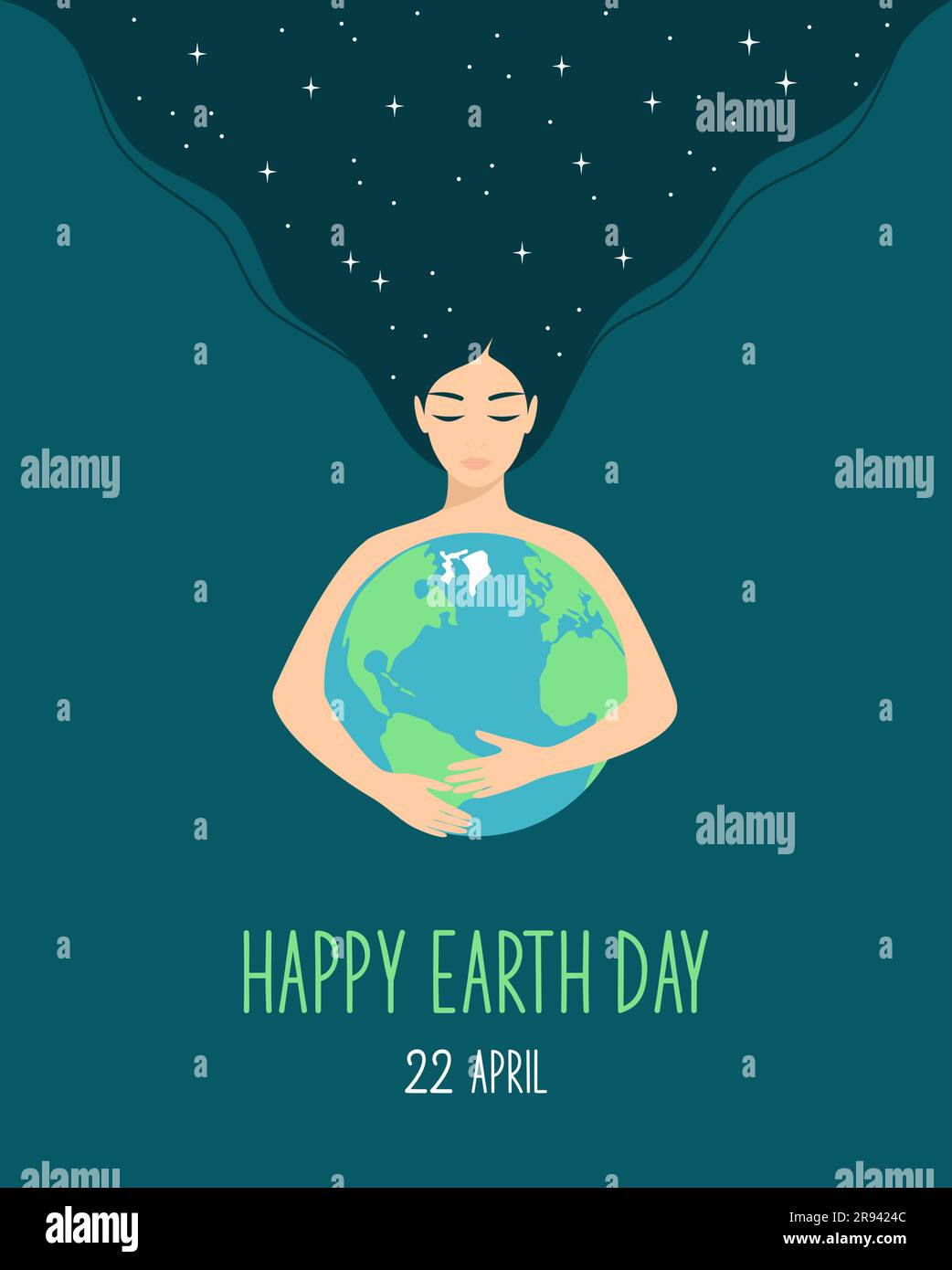 Beautiful woman with long starry hair and closed eyes hugging planet Earth. Earth Day concept. Flat vector illustration Stock Vector