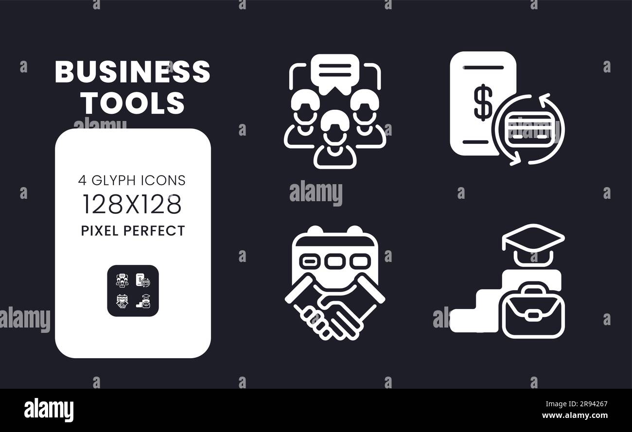 Business tools white solid desktop icons set Stock Vector