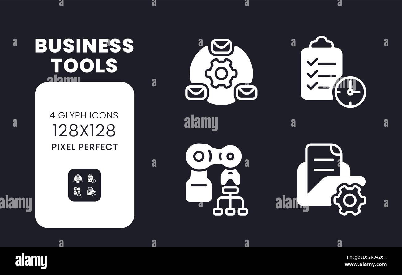 Business tools white solid desktop icons set Stock Vector