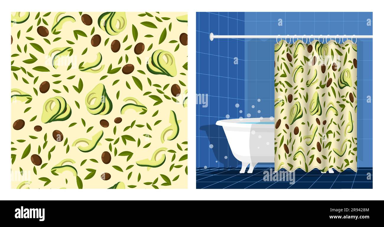 Bathroom interior with bathtub and curtain decorated Avocado fruit