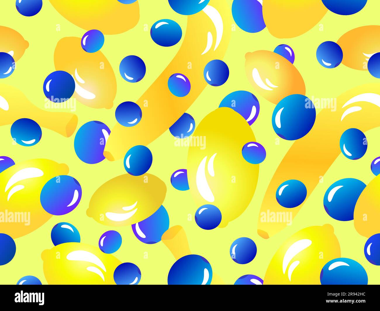 Bananas, lemons and blueberries in 3d style seamless pattern. Summer berry-fruit mix with lemons, bananas and blueberries. Design for wallpapers, bann Stock Vector