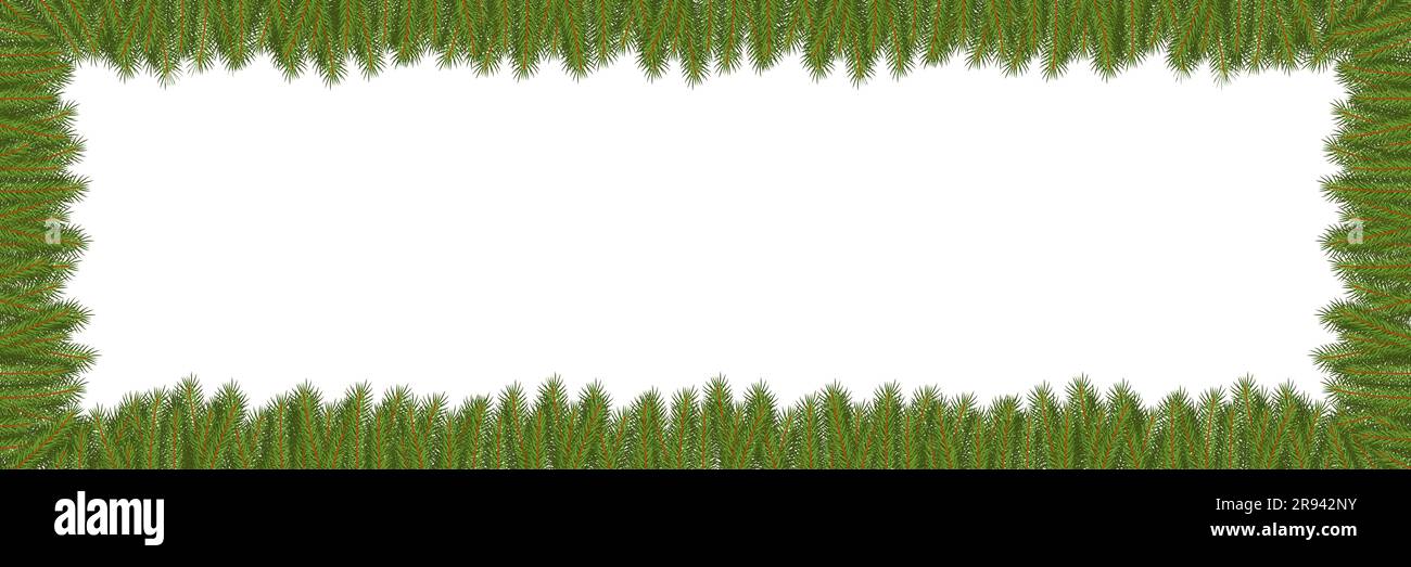 Green fir branches frame on a white background with copy space. Flat ...