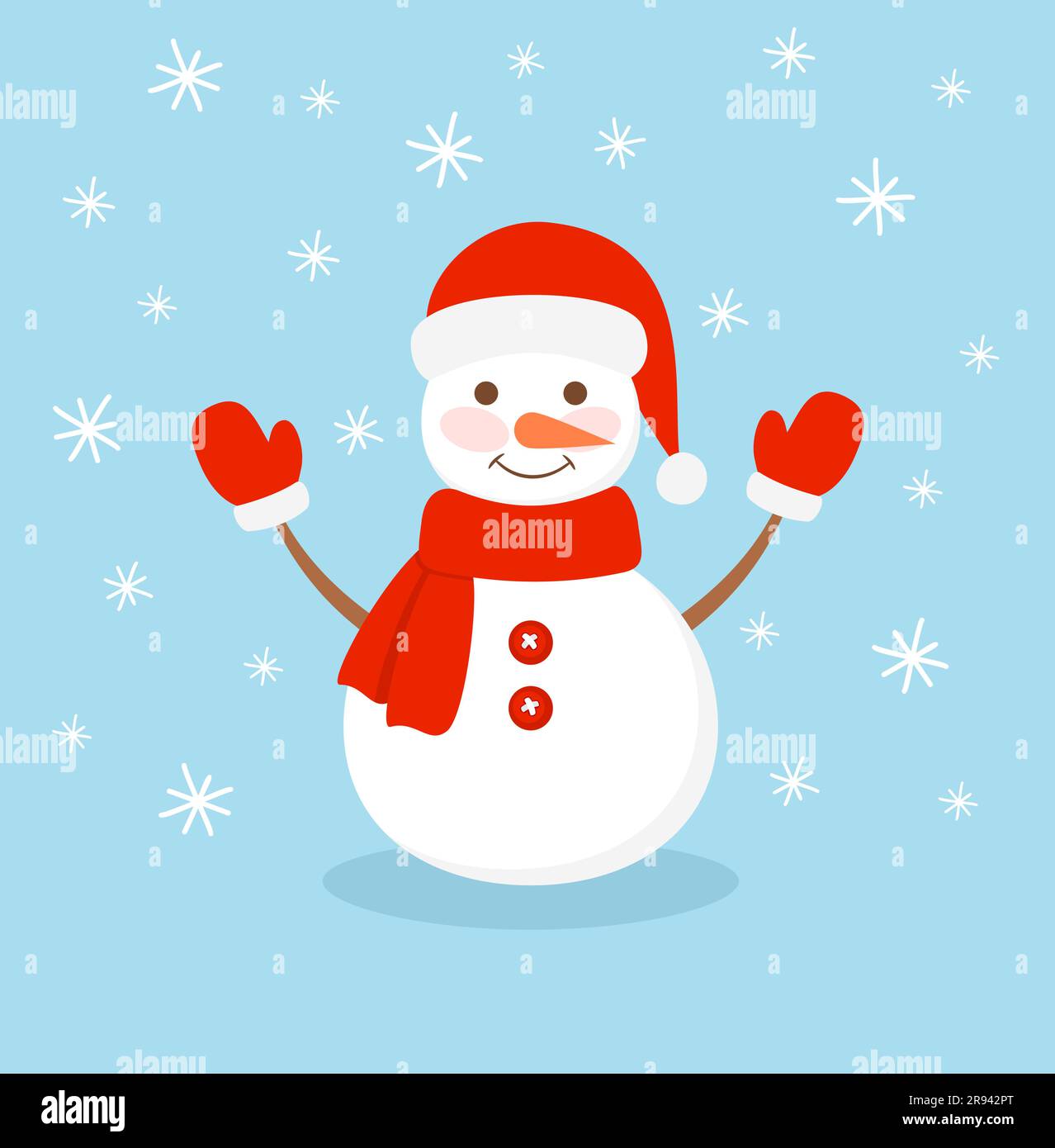 A cute snowman in a red hat, scarf and mittens on a blue snowy ...