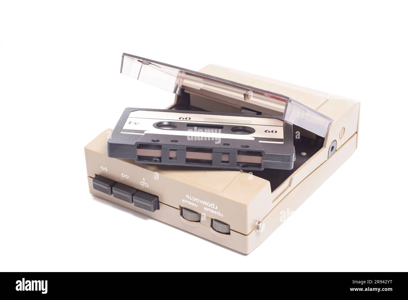 Retro portable stereo cassette player from 80s. with audio cassette