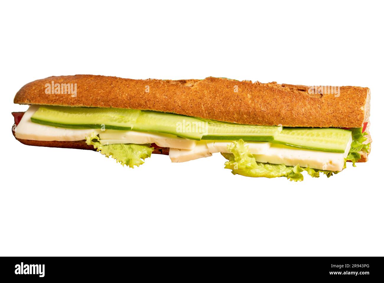 Baguette sandwich. Sandwich with olives, lettuce, tomato, cucumber, cheddar and feta cheese isolated on white background Stock Photo