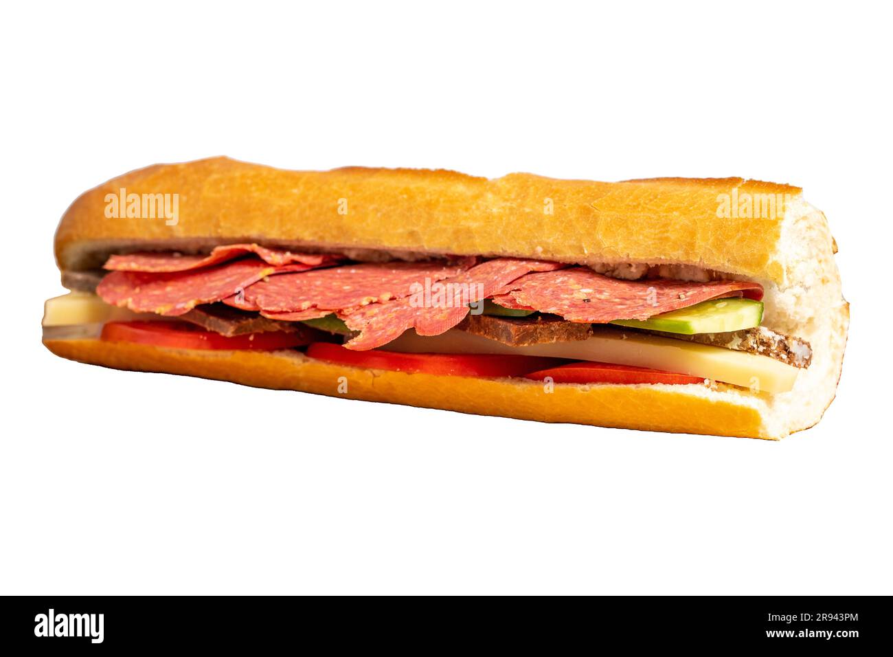 Baguette sandwich. Sandwich with salami, roast beef, cheddar, tomato