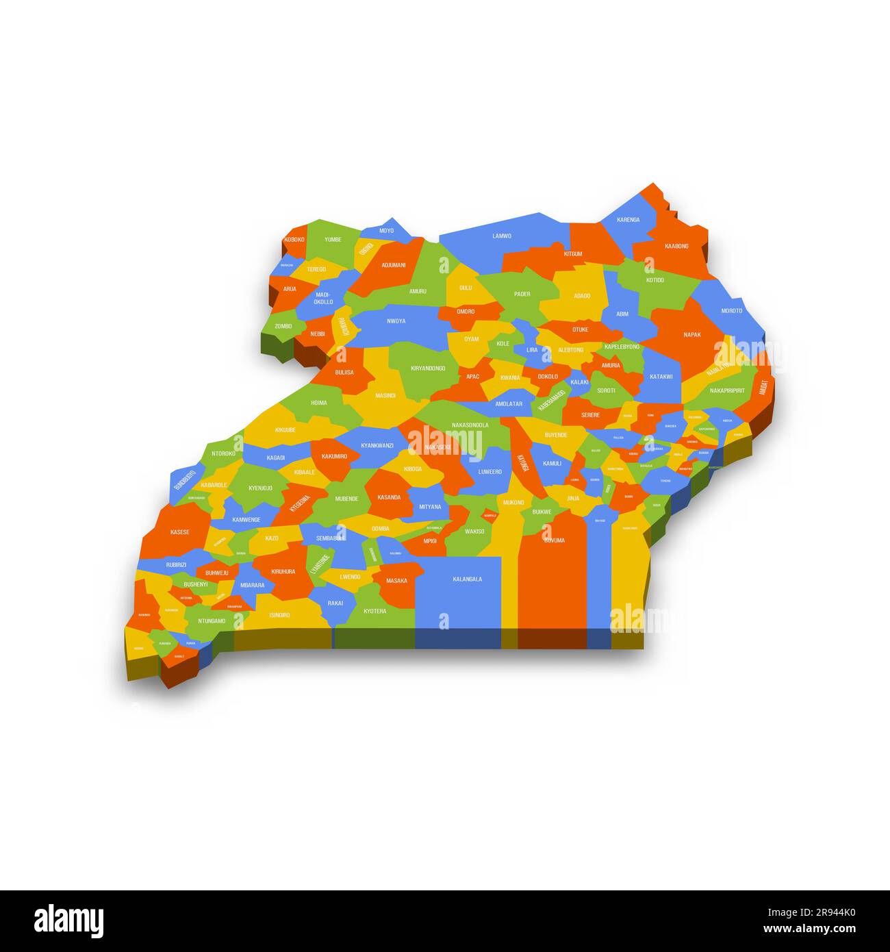 Uganda political map of administrative divisions - districts. Colorful