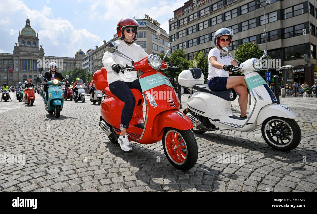 Prague, Czech Republic. 24th June, 2023. Vespa and Piaggio scooters ride through Prague, Czech Republic, June 24, 2023. The event with a record number 600 participants was part of the 11th meeting of scooter owners and fans under the name PragoVespa. Credit: Vit Simanek/CTK Photo/Alamy Live News Stock Photo