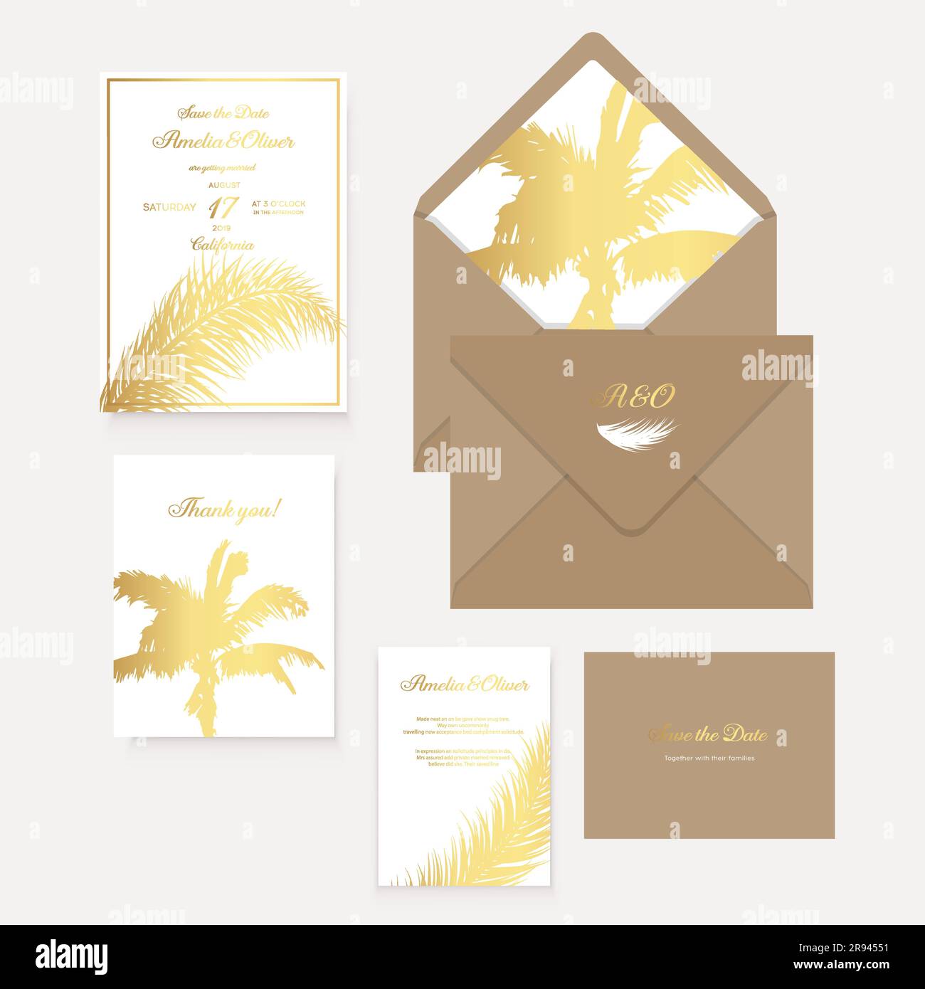 Inv Card Design Set wedding invitation cards with gold palm on white background. Luxury ...