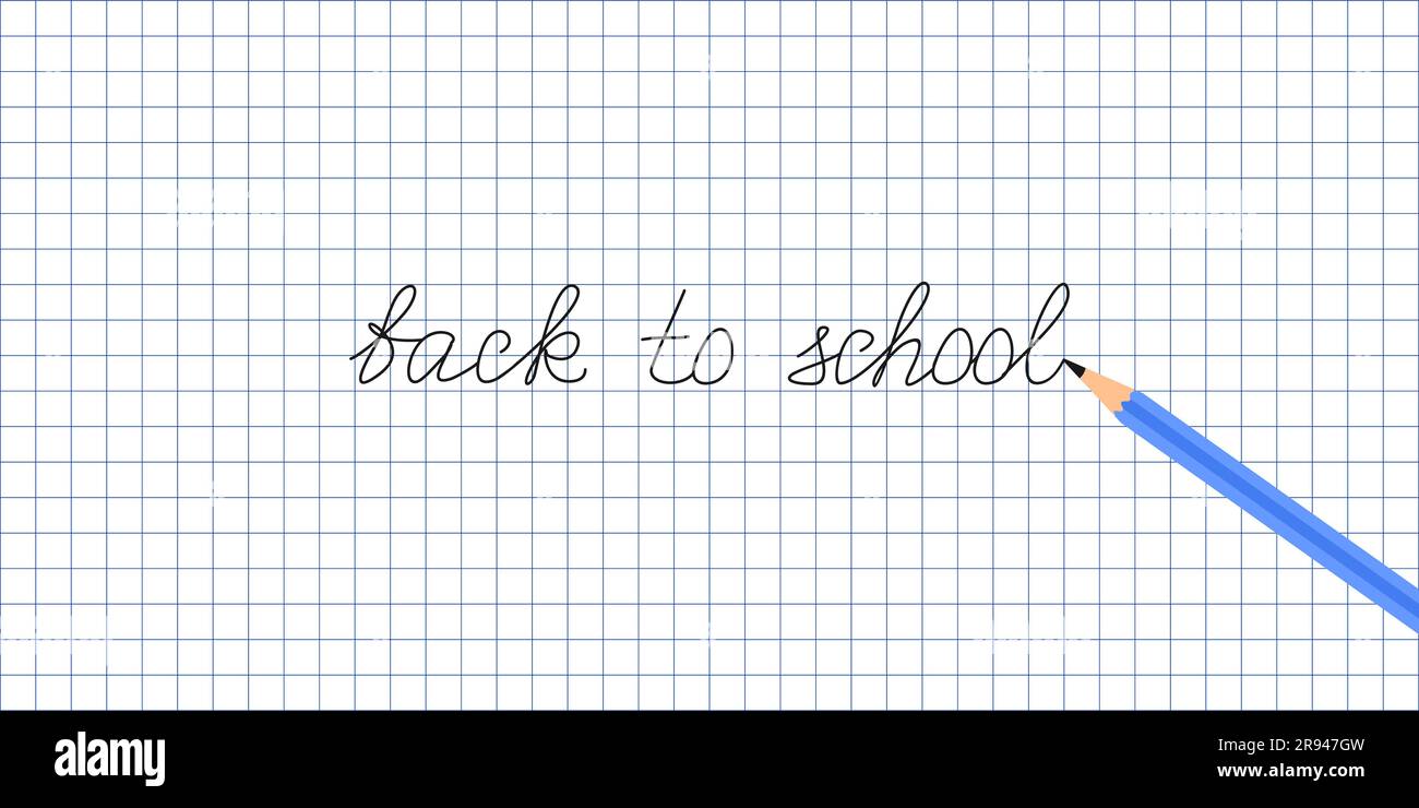 Handwritten text back to school and blue pencil on a graph paper background Stock Vector