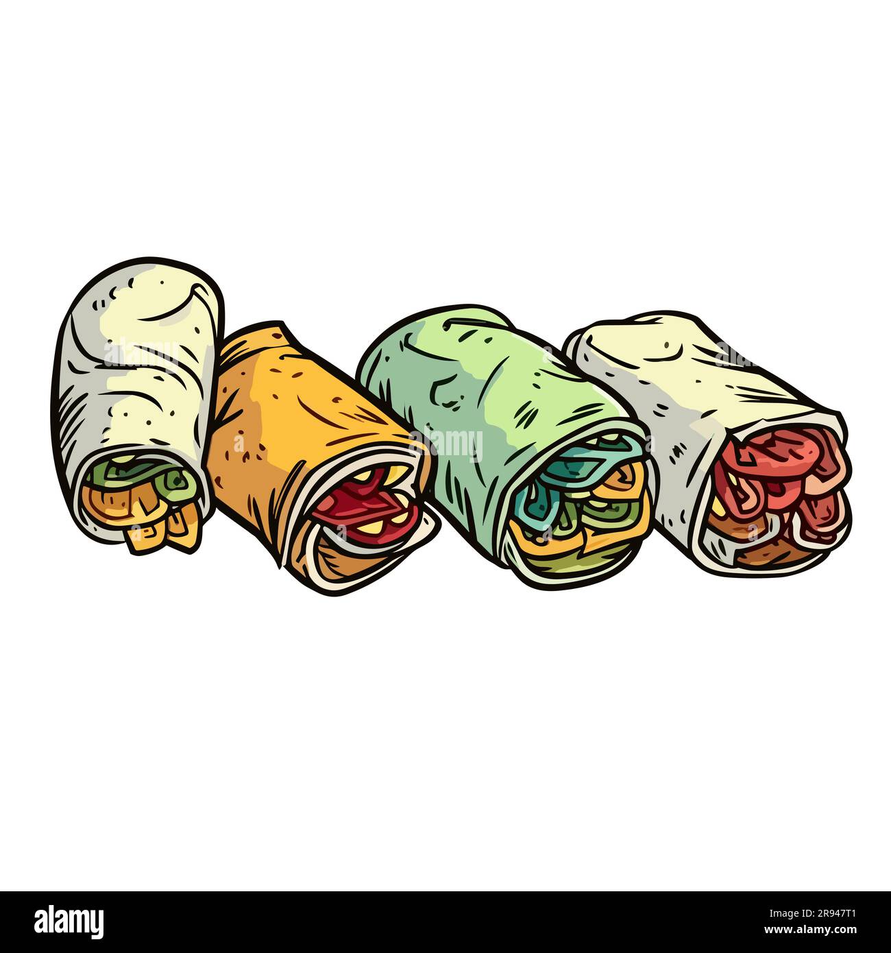 Mexican burrito wrap. Burritos handdrawn illustration. Vector doodle