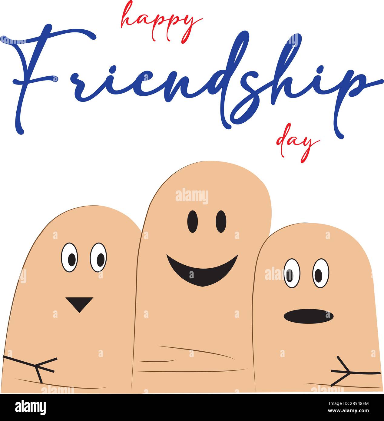 Friendship day banner with three fingers smiling and hugging each other Stock Vector