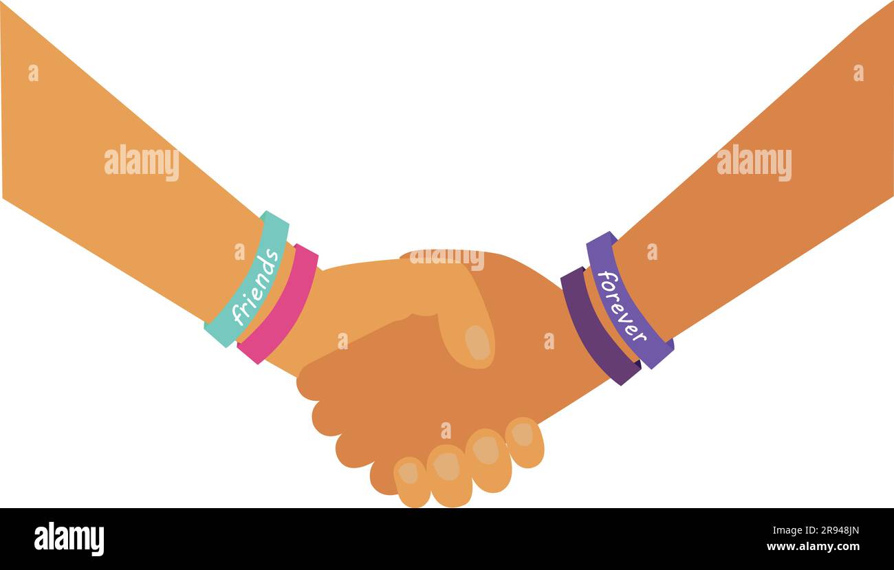 Friendship day banner with two person holding hands with colored bracelets on a white background with copy space Stock Vector