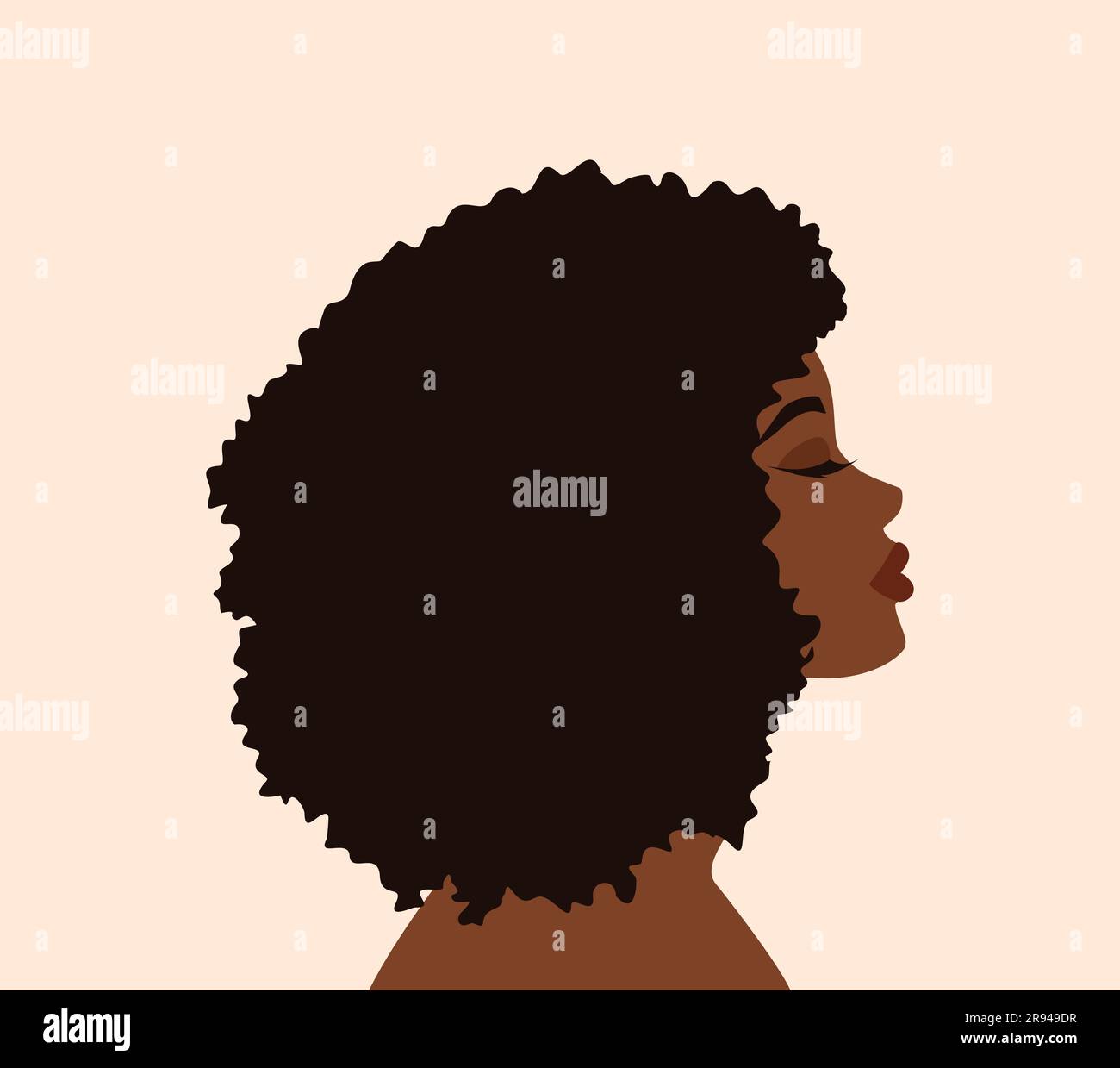 Side portrait of a beautiful African or African-American woman with curly hair and closed eyes. Flat vector illustration Stock Vector