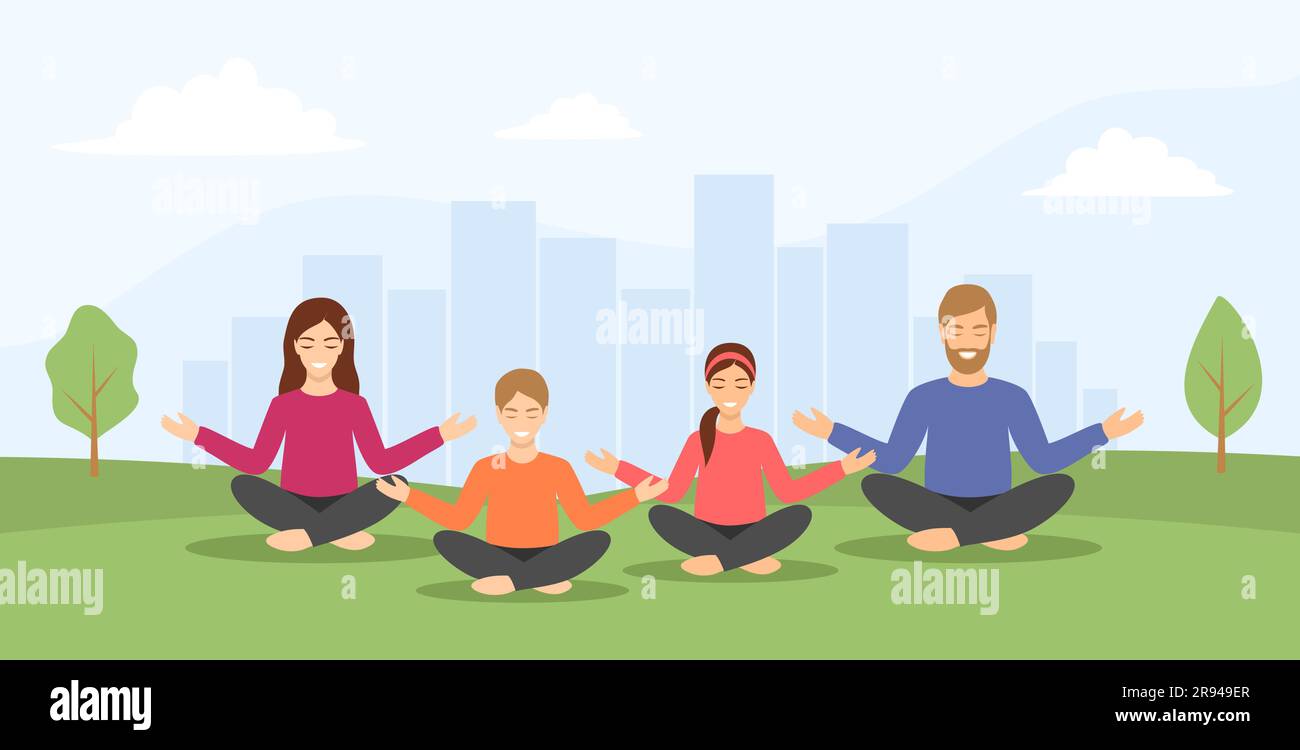 The family meditating together in the lotus position on the grass with the city behind. Vector illustration in flat style Stock Vector