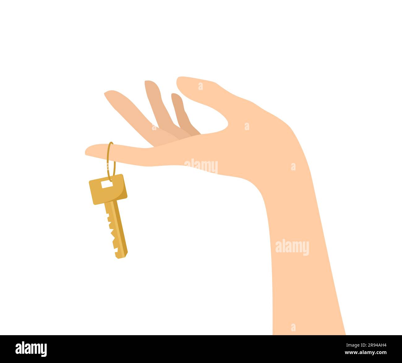 A hand holding a golden key on finger. Flat vector illustration ...