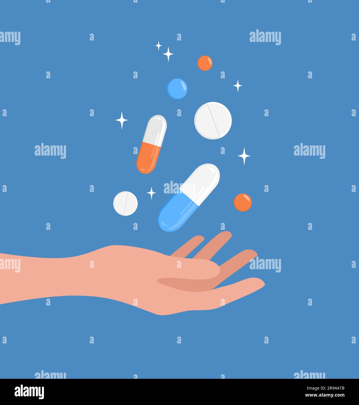 Hand holding medicine. Flying pills and capsules over hand on blue background. Flat vector