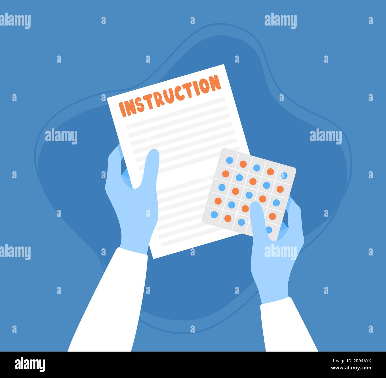 Hands in blue medical gloves holding paper instruction and a blister ...