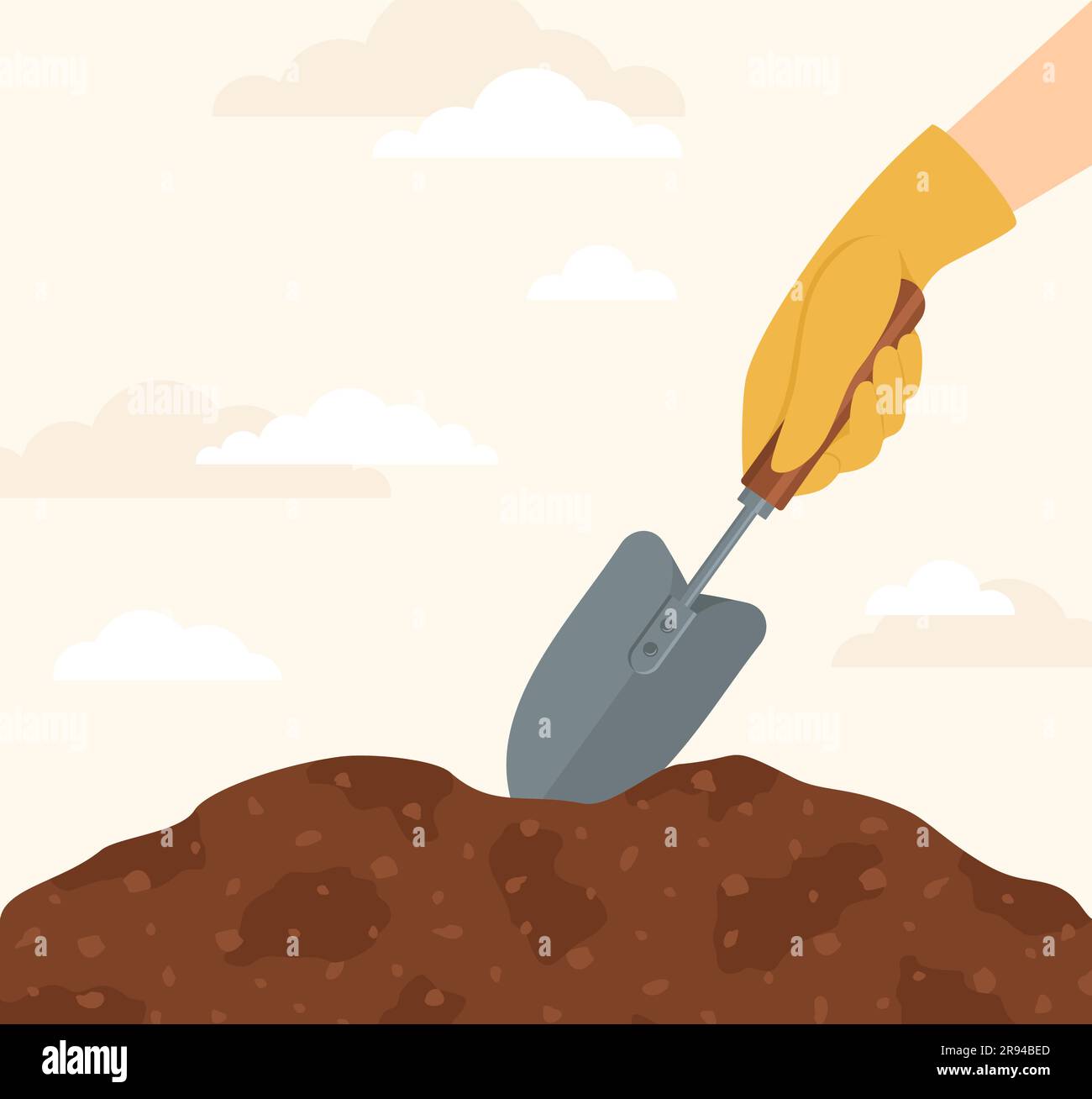 A hand in a yellow rubber glove with a shovel digging a hole in the ground. Flat vector illustration Stock Vector