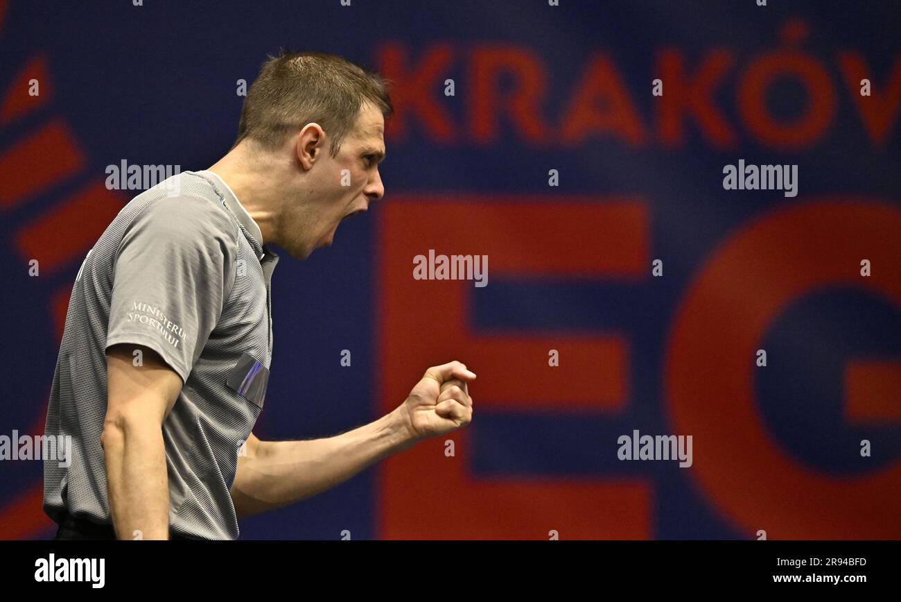 Krakow, Poland. 24th June, 2023. Table Tennis. 2023 European Games. Hutnik Arena. Krakow. Ovidiu George Ionescu (ROU) celebrates during the table tennis event at the 2023 European Games, Krakow, Poland. Credit: Sport In Pictures/Alamy Live News Stock Photo