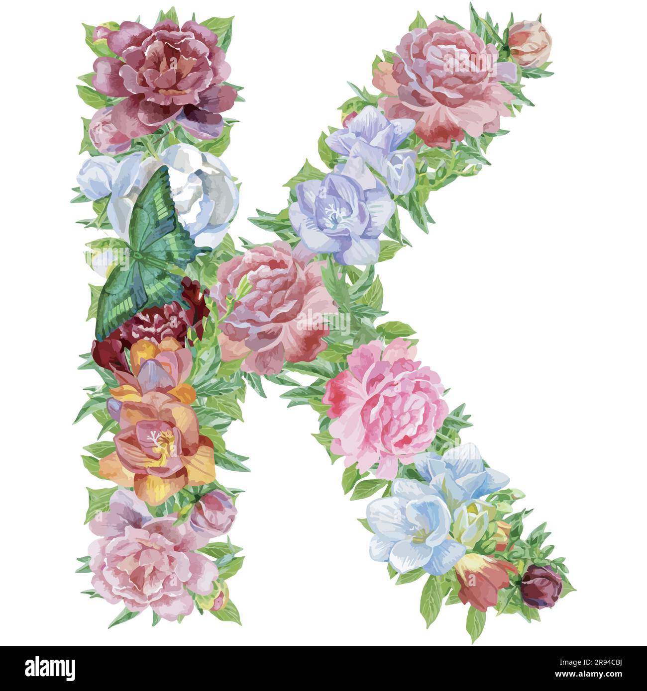 Letter K of watercolor flowers, isolated hand drawn on a white