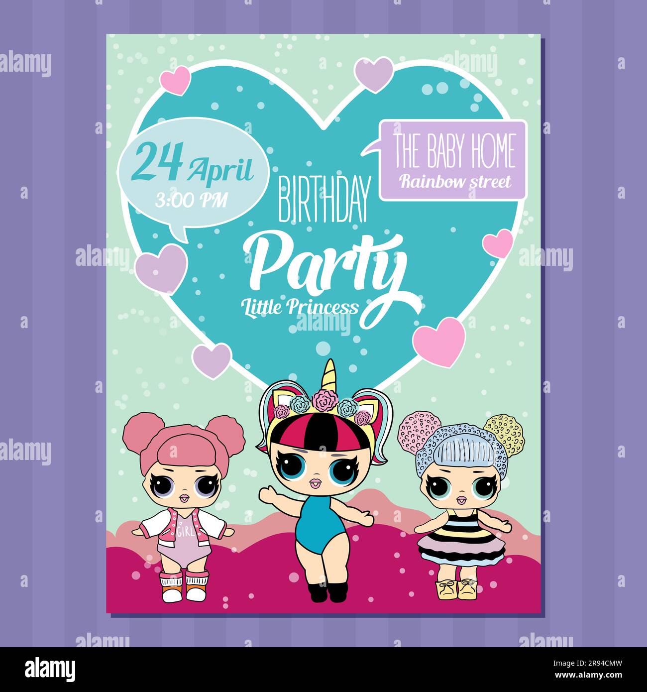 Birthday Invitation with cute Lol Dolls. Pink vector template of