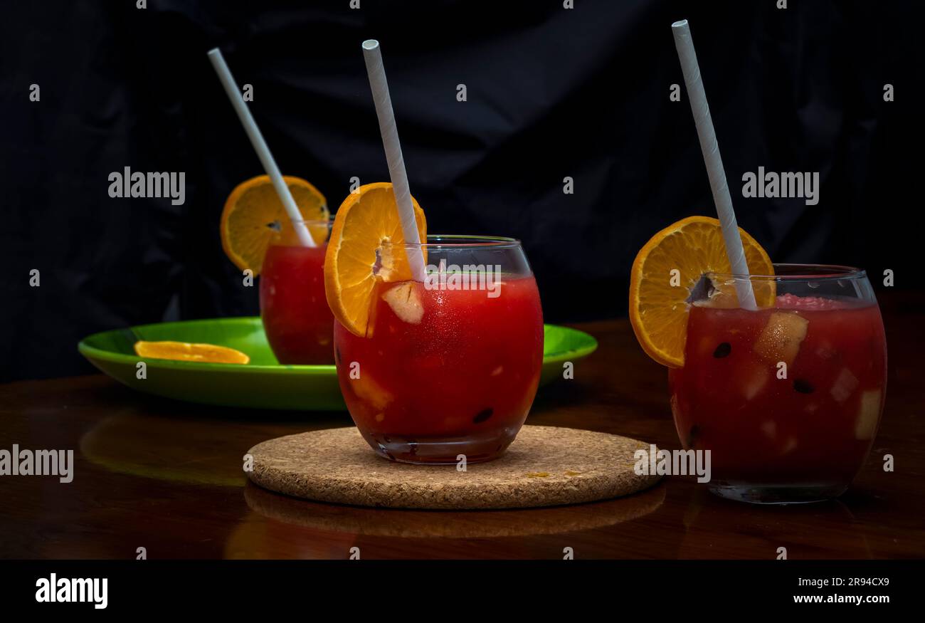 Closeup Image Of Fresh Watermelon Juice In Glass In Dark Theme Stock Photo
