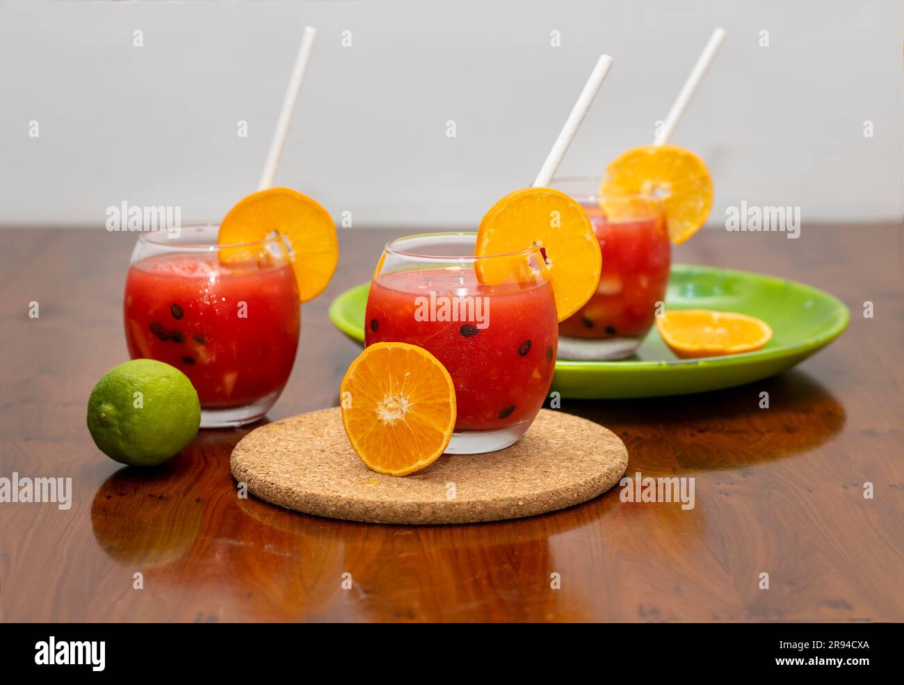 Closeup Image Of Fresh Watermelon Juice In Glass With Fruits Stock Photo