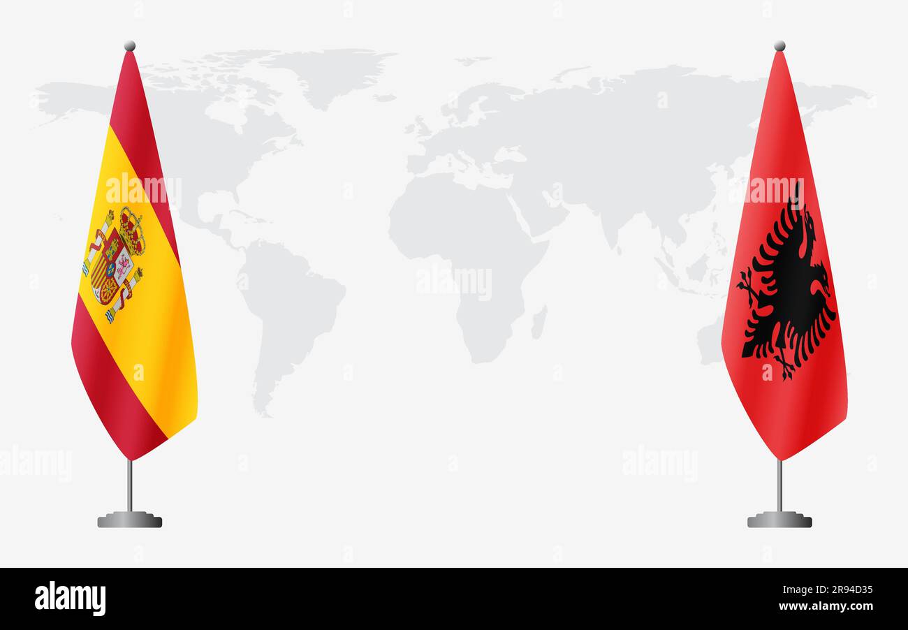 Spain and Albania flags for official meeting against background of