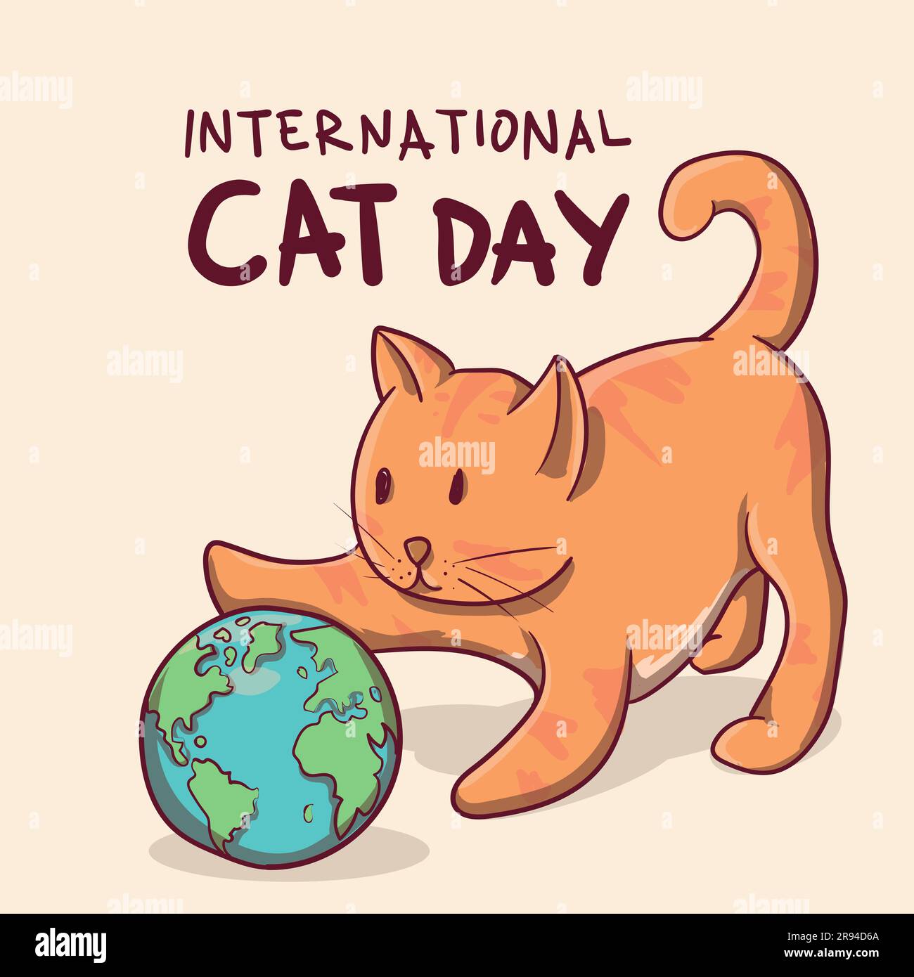 cute kitty play earth globe for international cat day celebration. vector illustration Stock Vector