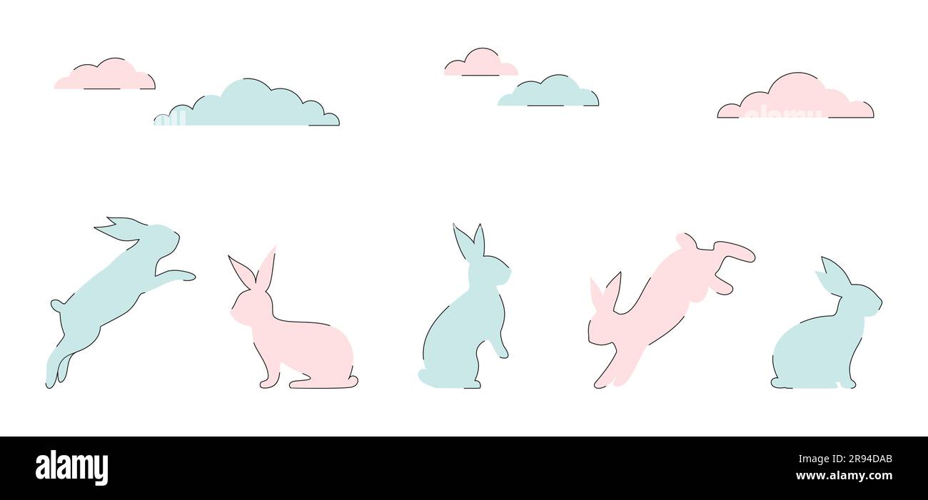 Easter bunny set in minimalist linear style. Cute rabbits and clouds on ...