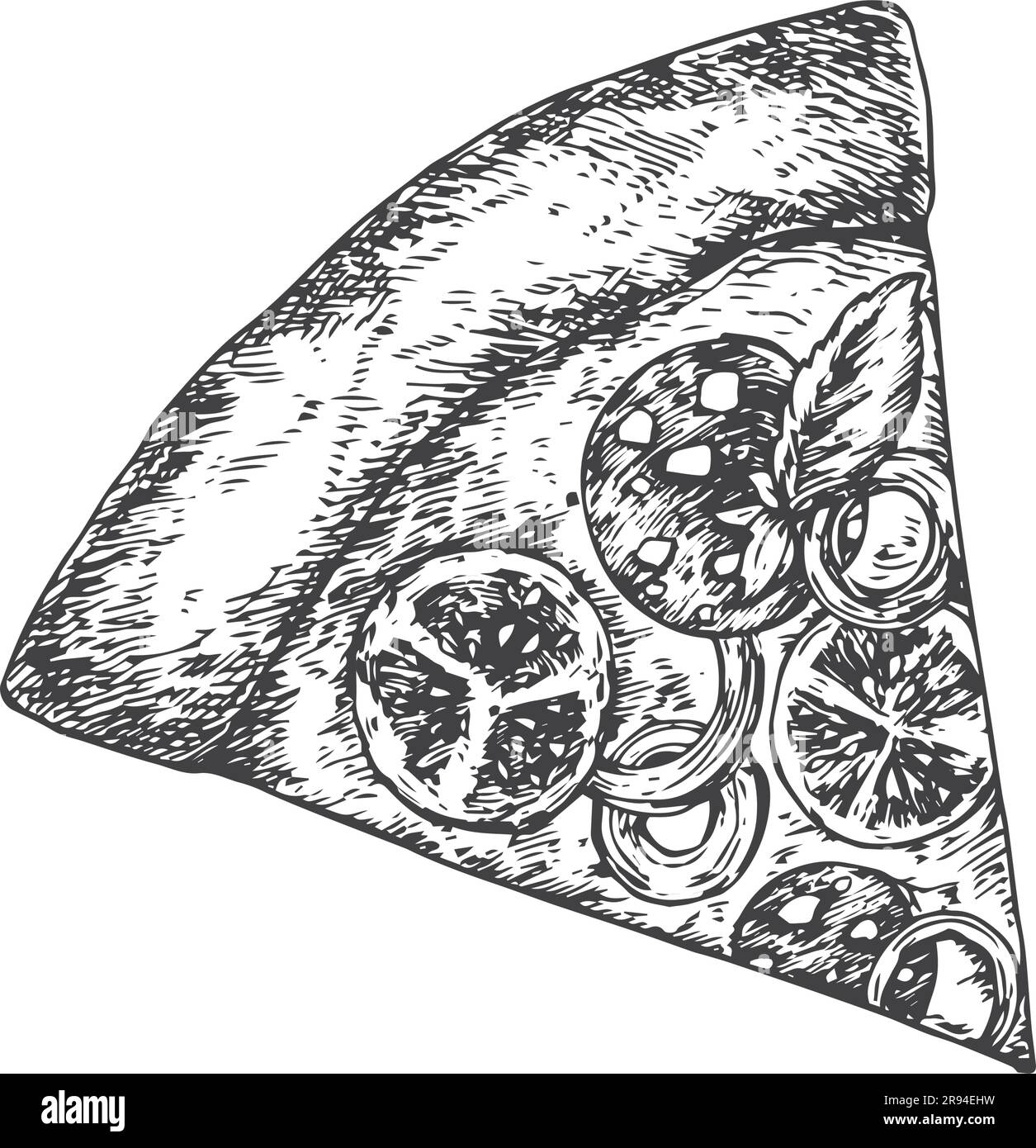 Doodle pizza. Italian food outline sketch, pepperoni mushrooms