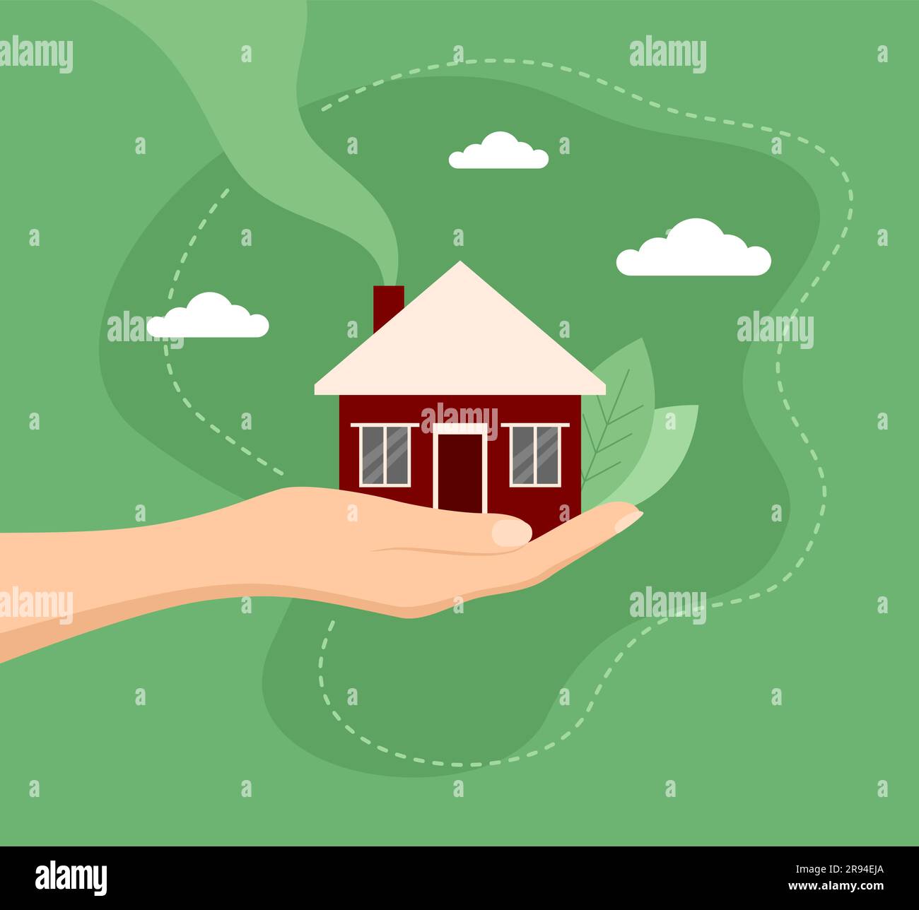 Hand holding a house on a green background. Flat vector illustration ...