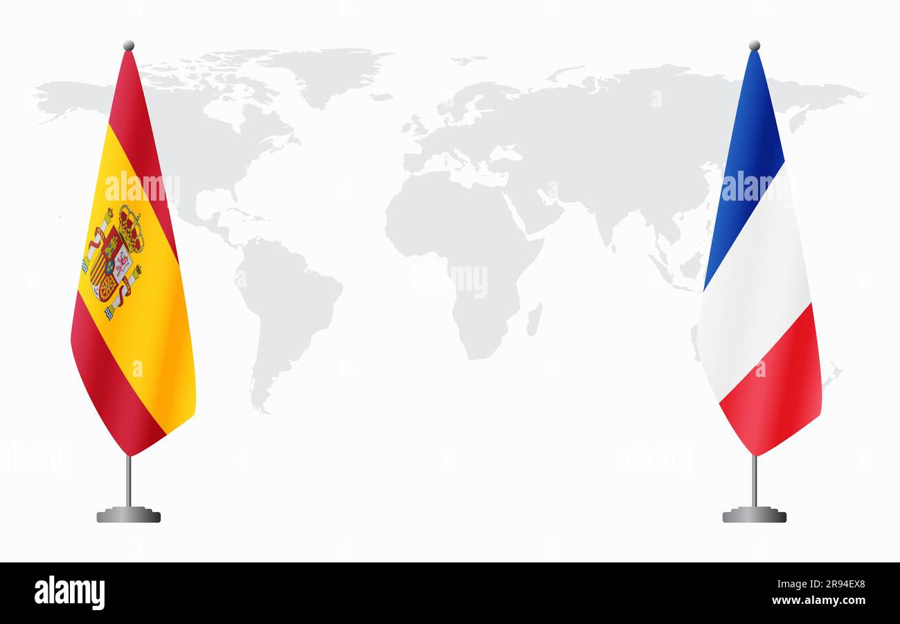 Spain and France flags for official meeting against background of world map Stock Vector Image