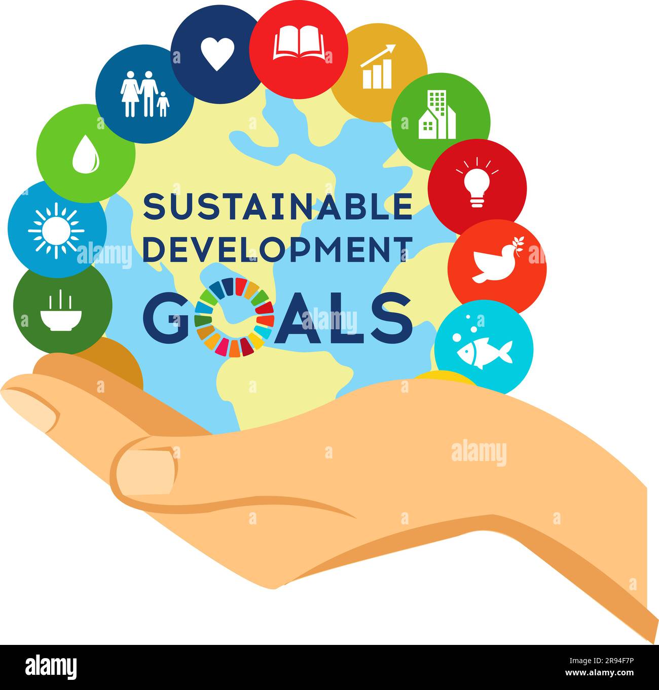 Caring hands holding the abstract global goals wheel. Sustainable
