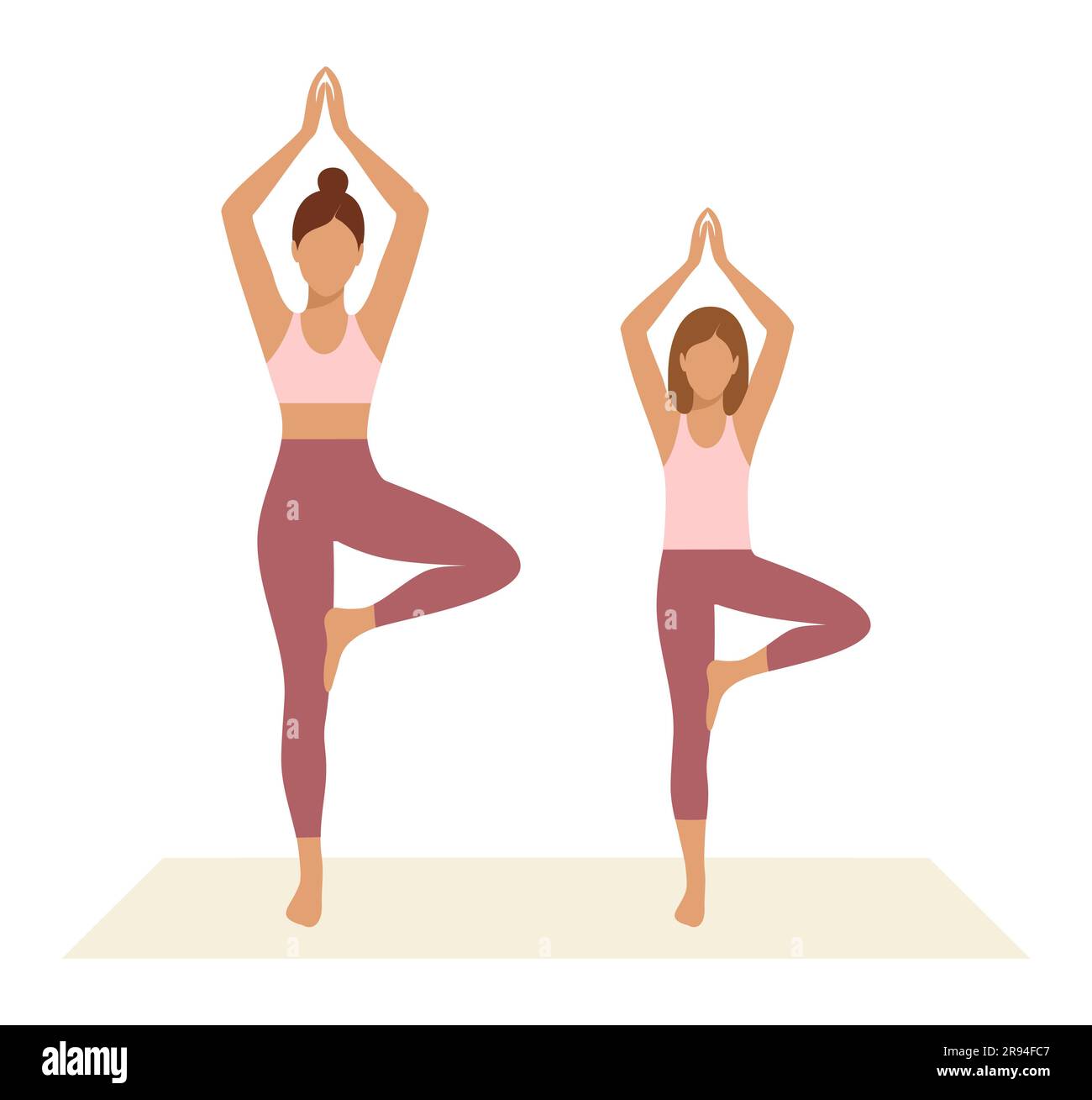 Mother and daughter standing in tree asana or Vrikshasana on a white background. Vector illustration in flat style Stock Vector