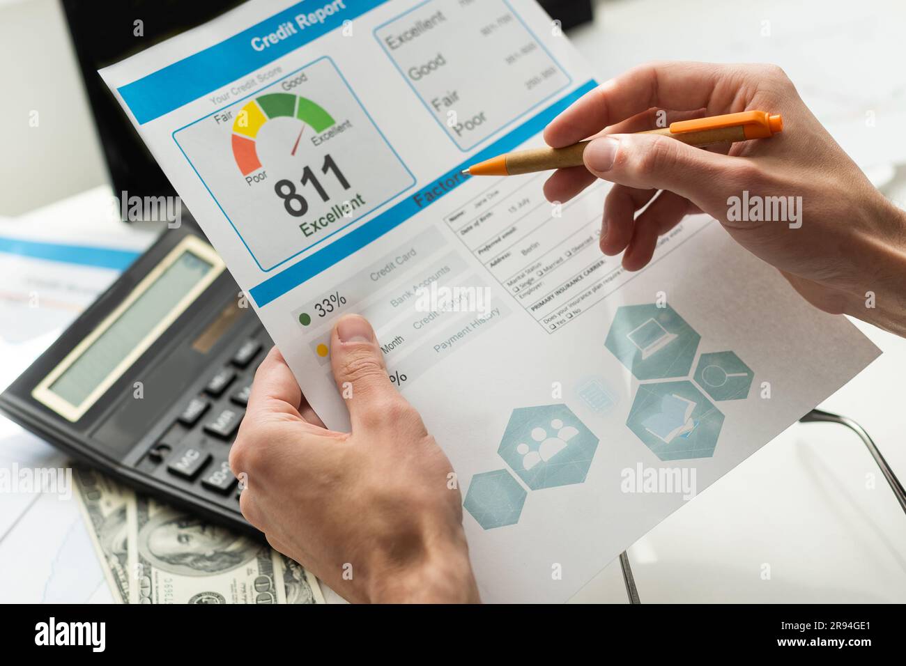 The man checks the credit report and how many credit points Stock Photo ...