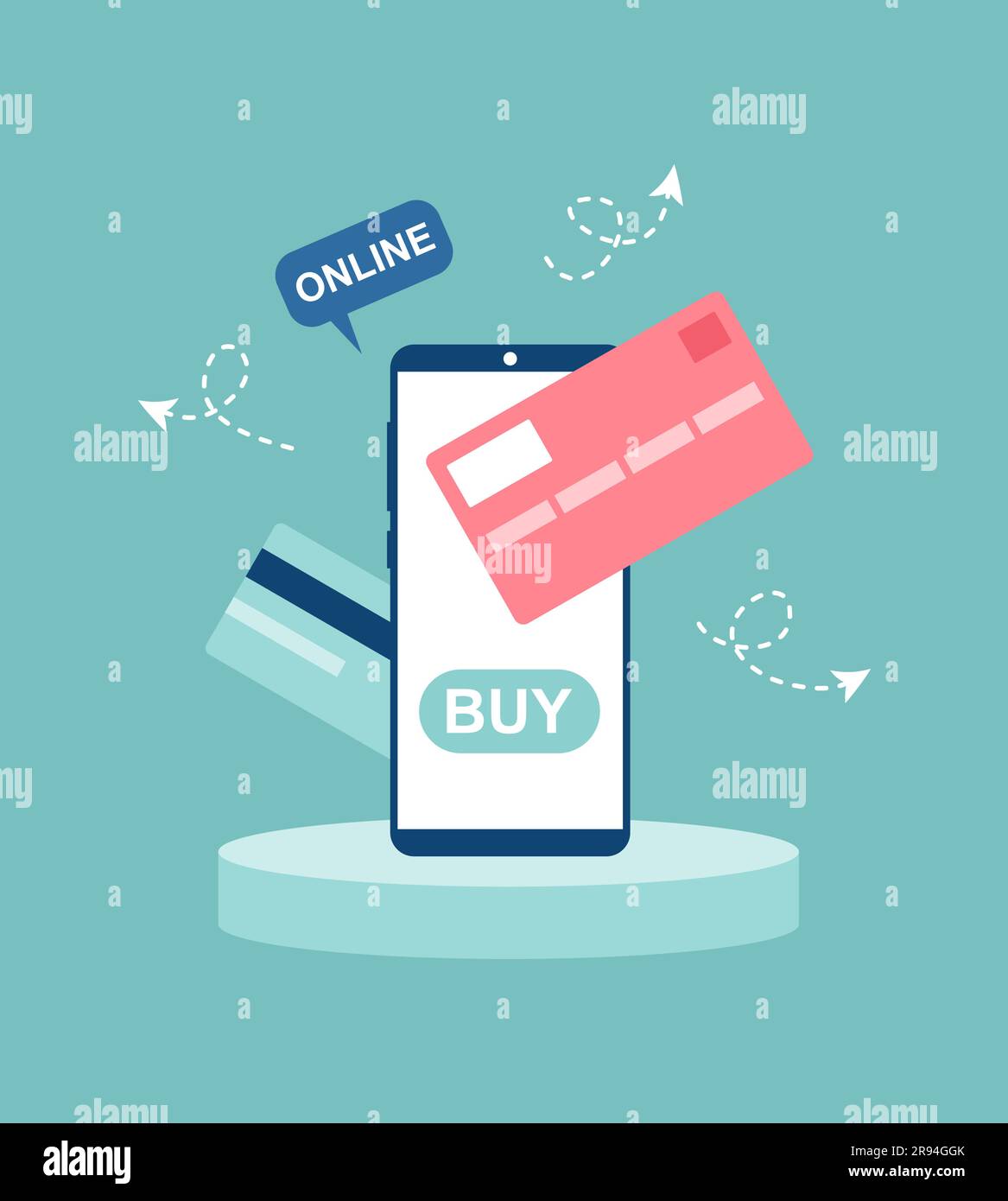 Smartphone on stand with buy button on screen and credit cards around. Online shopping concept. Vector illustration in flat style Stock Vector