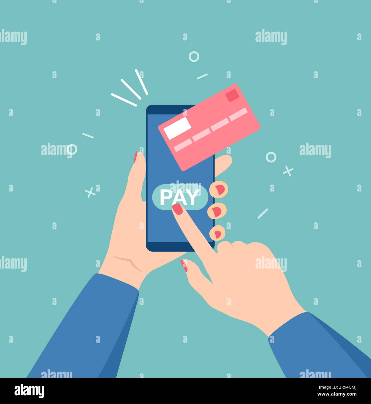 Hands with smartphone and credit card. Mobile payment and online banking. NFC payment technology. Flat vector illustration Stock Vector