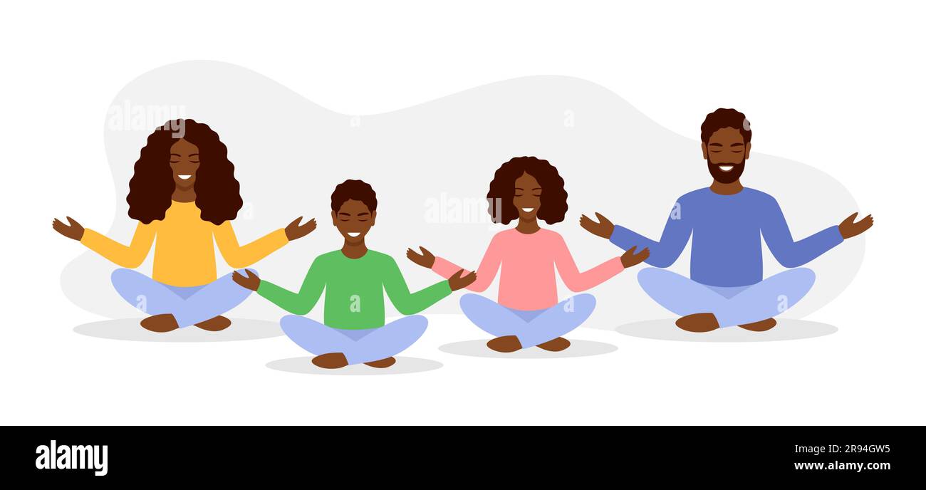 An African family in colorful casual clothes meditates together in the lotus position. Vector illustration in flat style Stock Vector