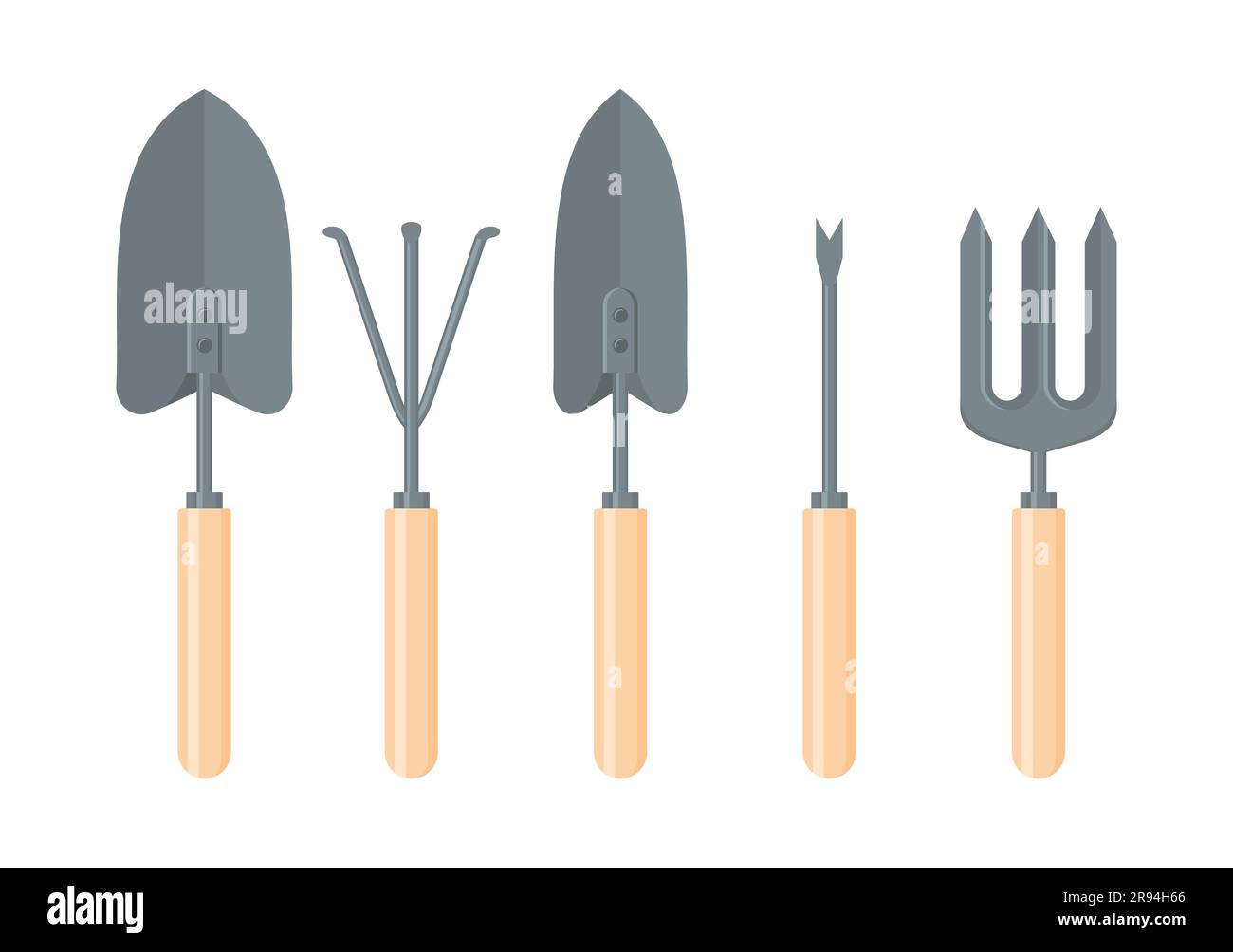 A set of hand garden tools. Weeder, rake, spades and fork isolated on a