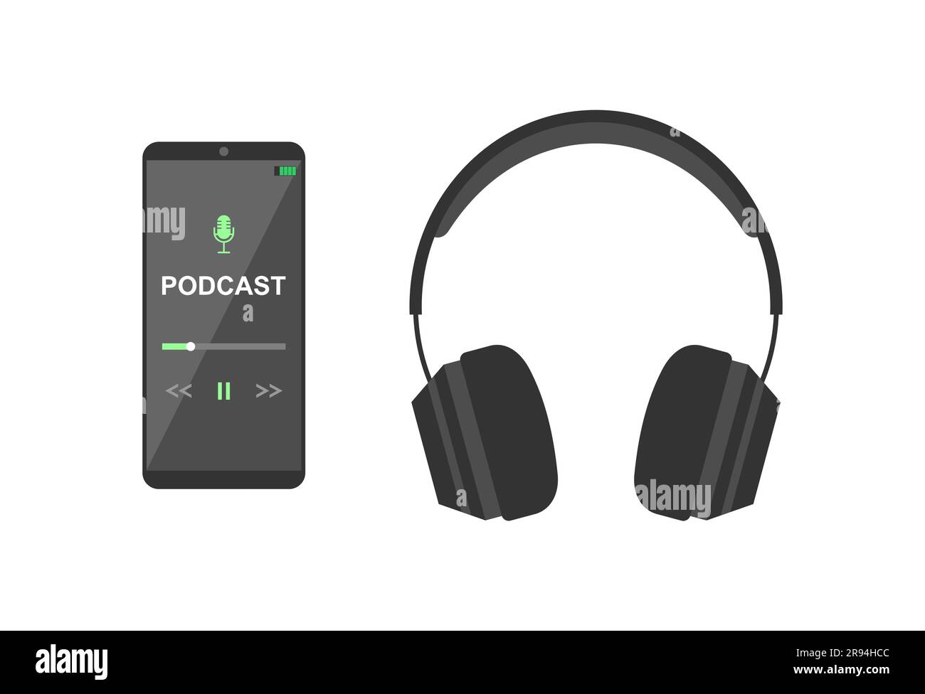 Mobile smartphone with podcast app on screen and headphones on white