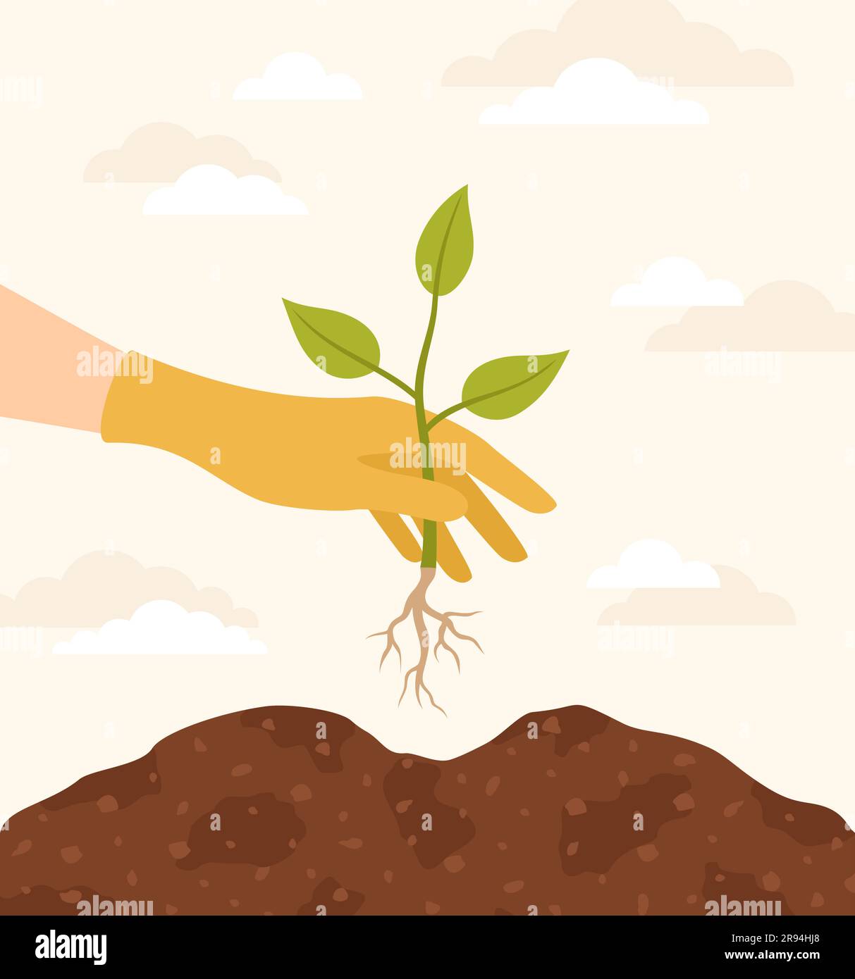 A hand in a yellow glove planting a seedling in the ground. Vector illustration in flat style Stock Vector