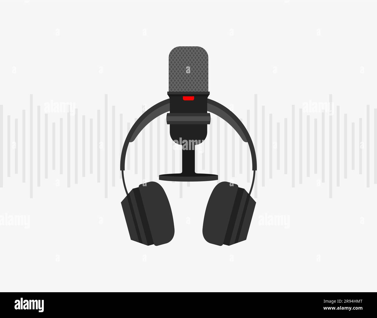 Black microphone and headphones on a gray background with sound waves. Flat vector illustration Stock Vector