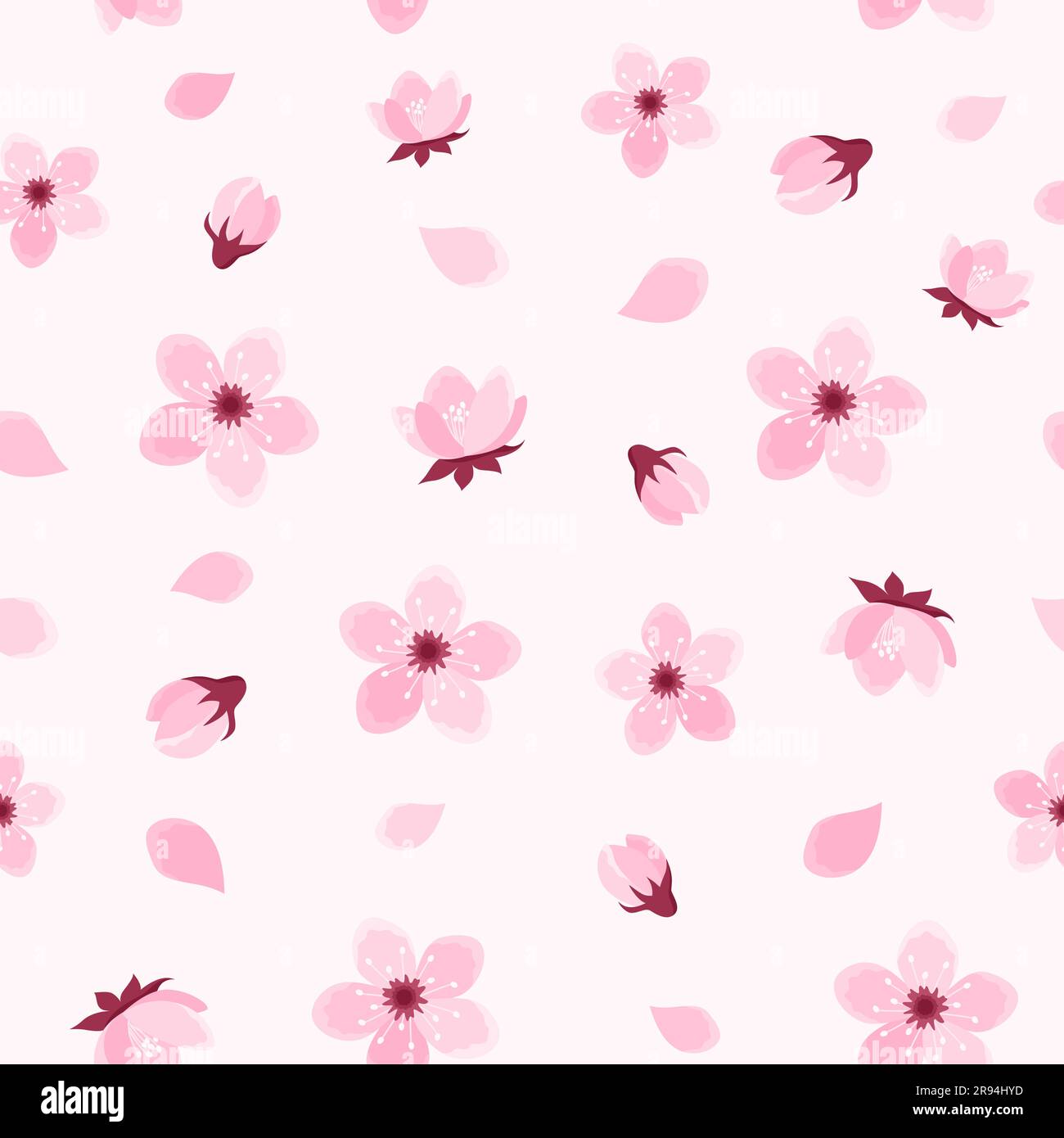 Pink cherry tree flowers seamless pattern on soft pink background ...