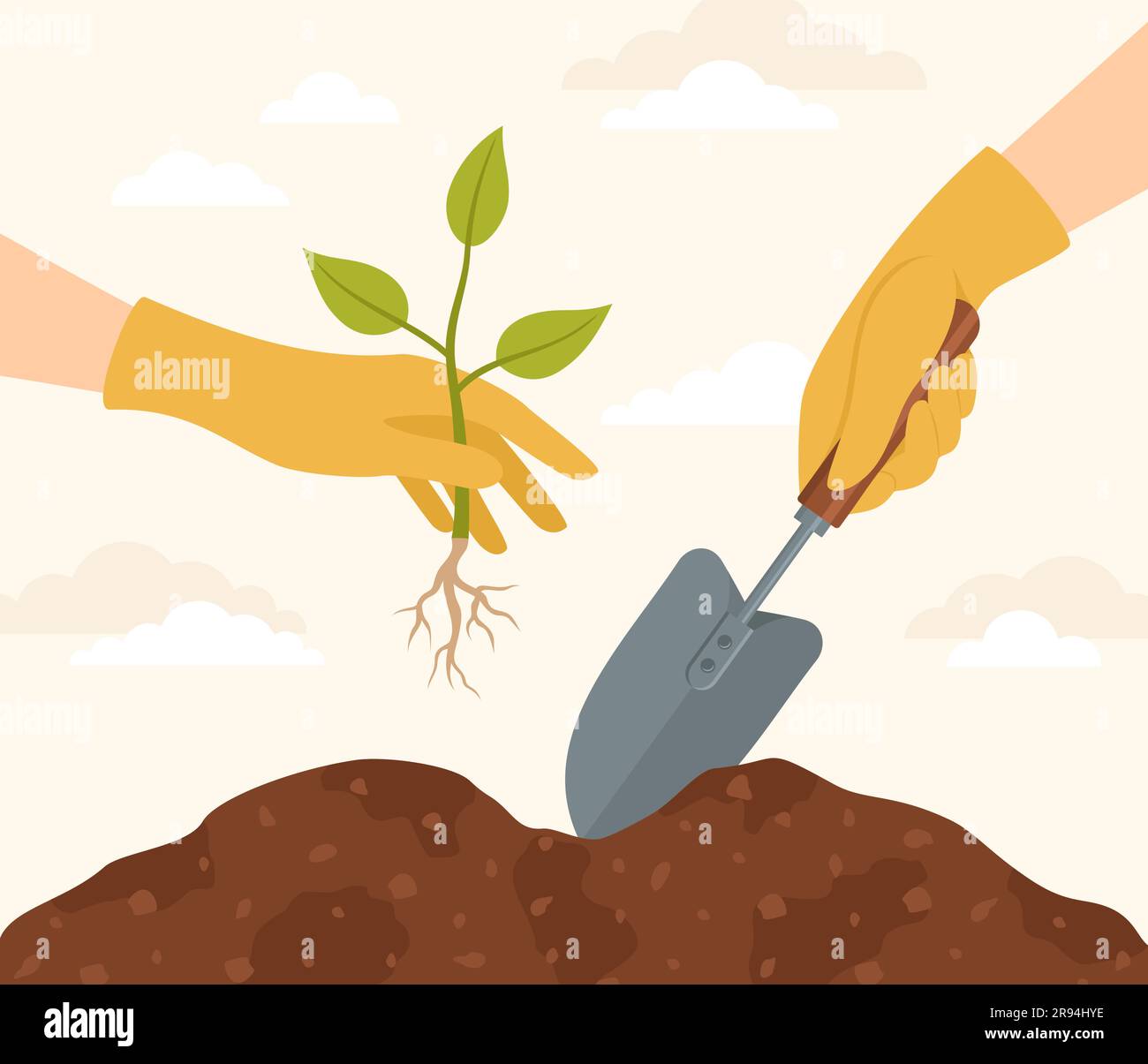 Two hands in yellow rubber gloves with a shovel and a seedling. Planting a sprout in the soil. Vector flat illustration Stock Vector