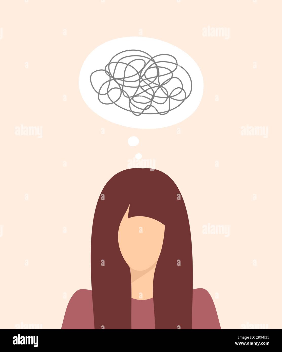 Young woman with a tangled thoughts. Flat vector illustration Stock Vector