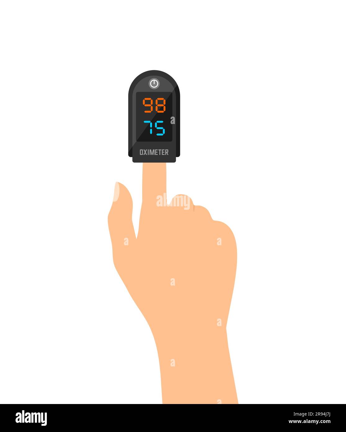 Black pulse oximeter on finger. Measurement of blood oxygen saturation and heart rate. Flat vector illustration Stock Vector