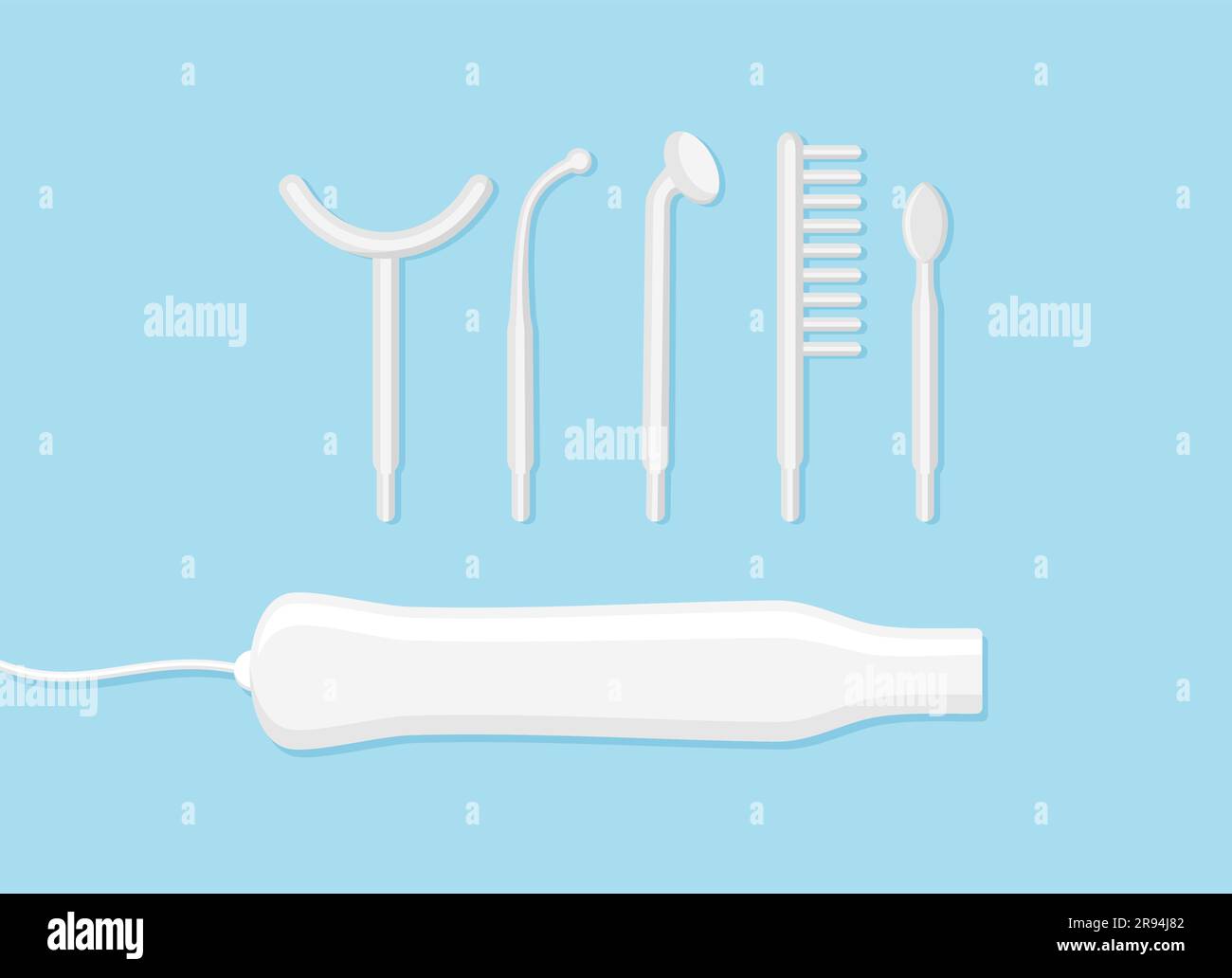 Darsonval device with a set of nozzles on a blue background. Medical ...