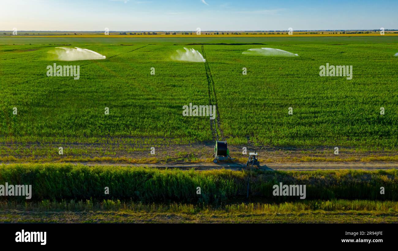 Above view of irrigation system, water jet rain guns sprinklers, on